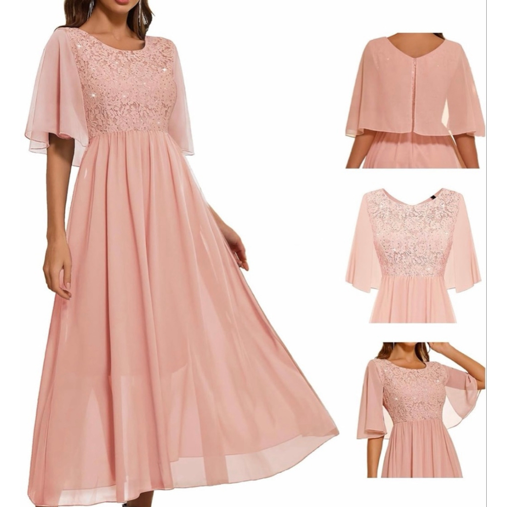 NEW Pink Wedding Guest Cocktail Formal Cape Ruffle Long Maxi Dress XL